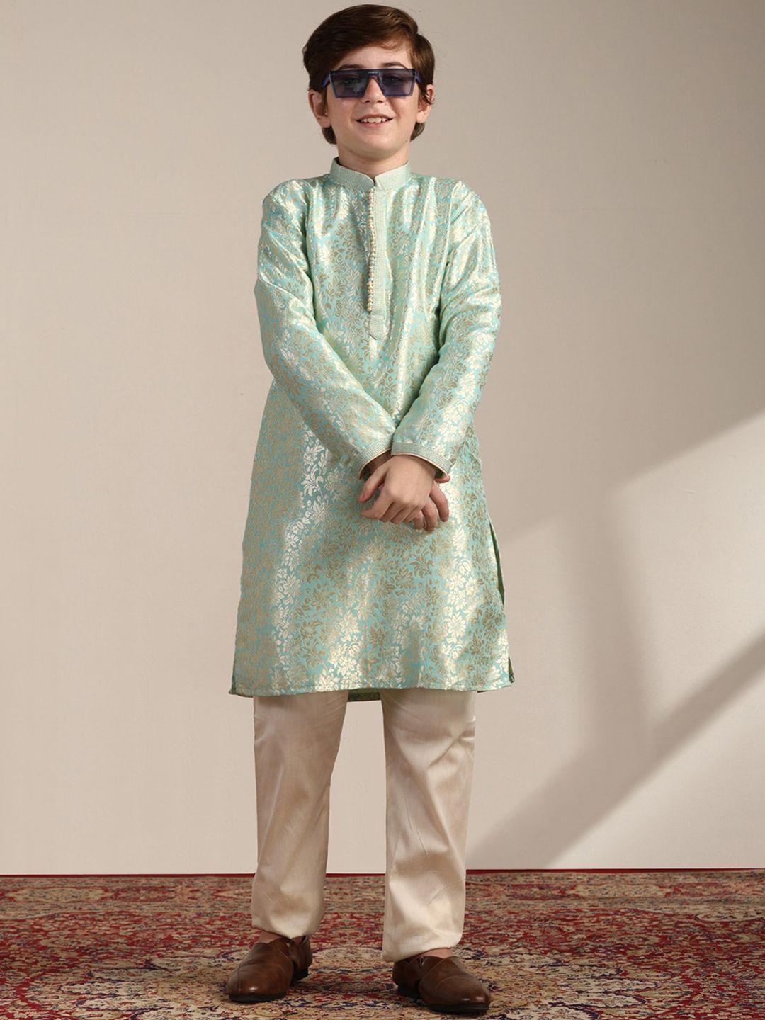manyavar-boys-floral-woven-design-regular-raw-silk-kurta-with-pyjamas