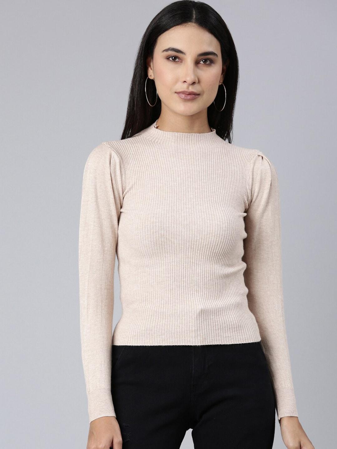 SHOWOFF Round Neck Puff Sleeves Acrylic Fitted Top