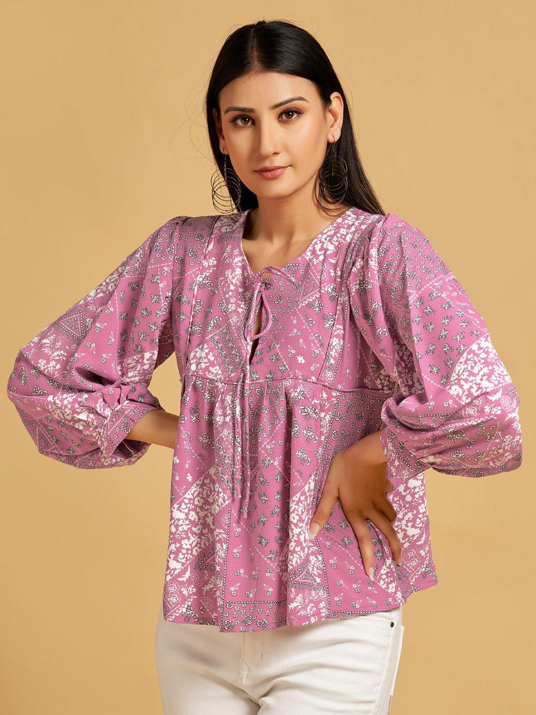 house-of-mira-ethnic-motifs-tie-up-neck-puff-sleeve-a-line-top
