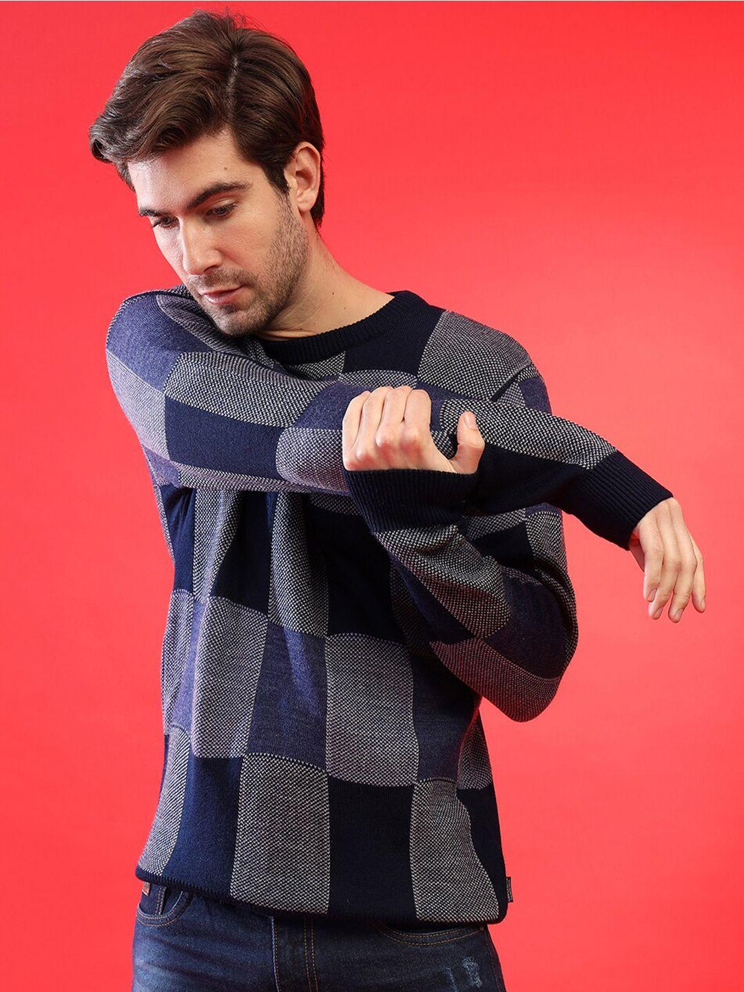 Campus Sutra Blue & Grey Checked Woollen Pullover Sweaters