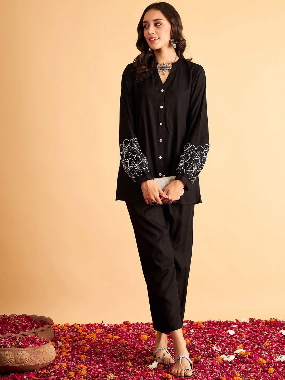 Shae by SASSAFRAS Floral Embroidered Shirt-Collar Shirt & Trousers