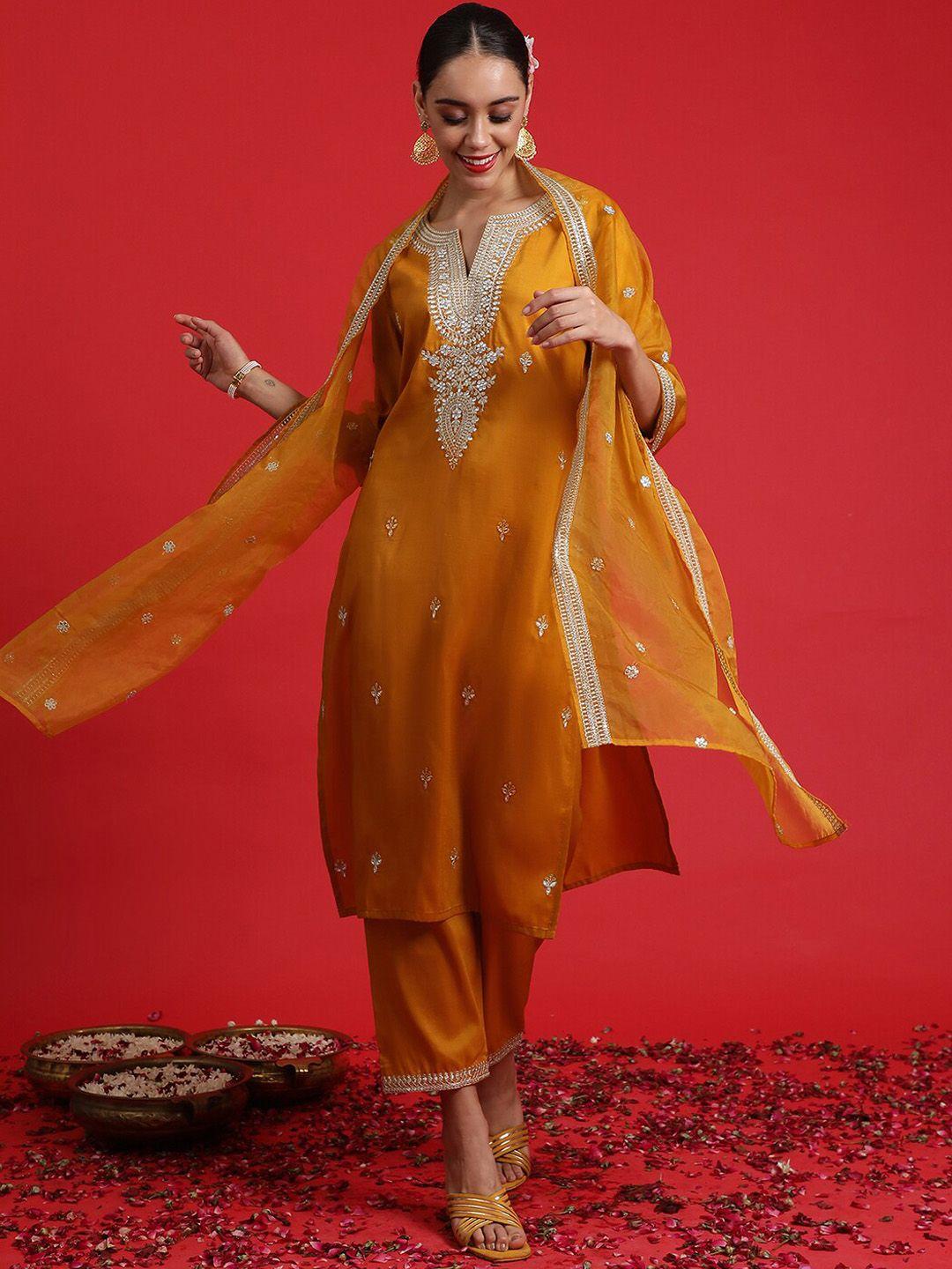 Indo Era Ethnic Motifs Embroidered Sequinned Straight Kurta & Trousers With Dupatta