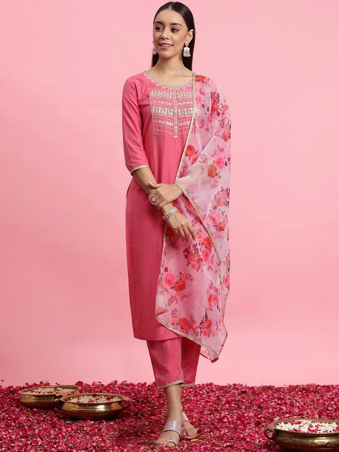 Indo Era Floral Yoke Design Thread Work Straight Kurta & Trousers With Dupatta