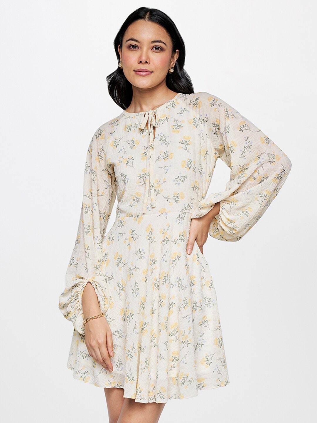 and-floral-print-tie-up-neck-puff-sleeve-fit-&-flare-dress