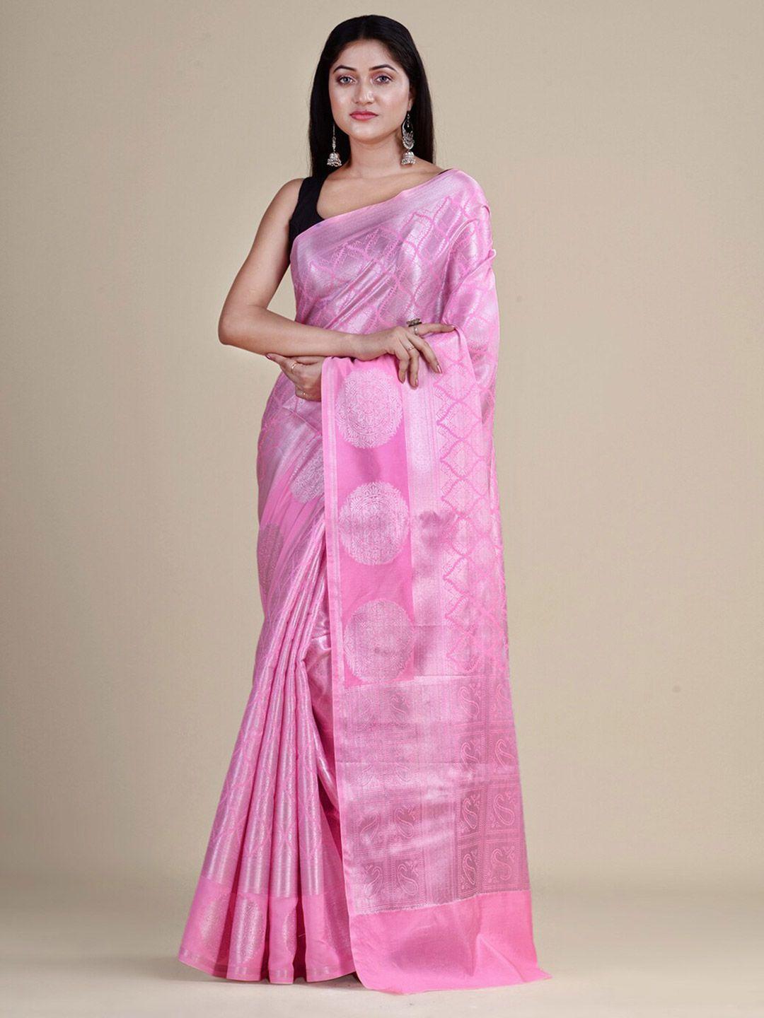 HOUSE OF BEGUM Pink & Silver-Toned Woven Design Zari Silk Blend Banarasi Saree
