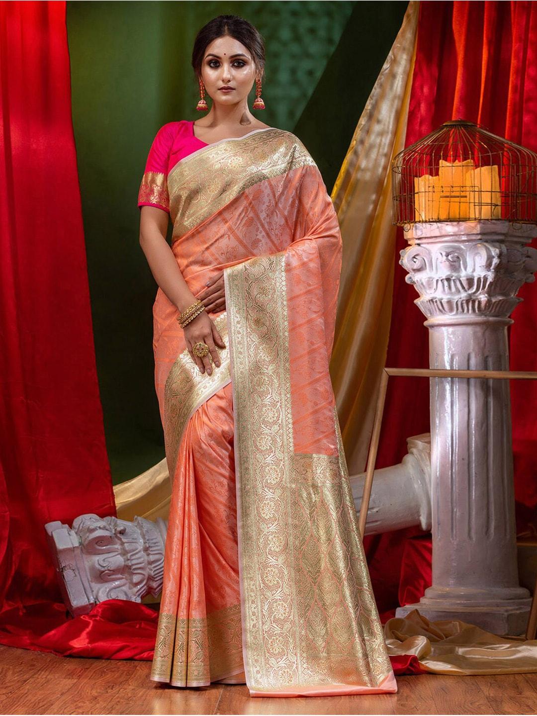 HOUSE OF BEGUM Peach-Coloured & Gold-Toned Woven Design Zari Silk Blend Banarasi Saree