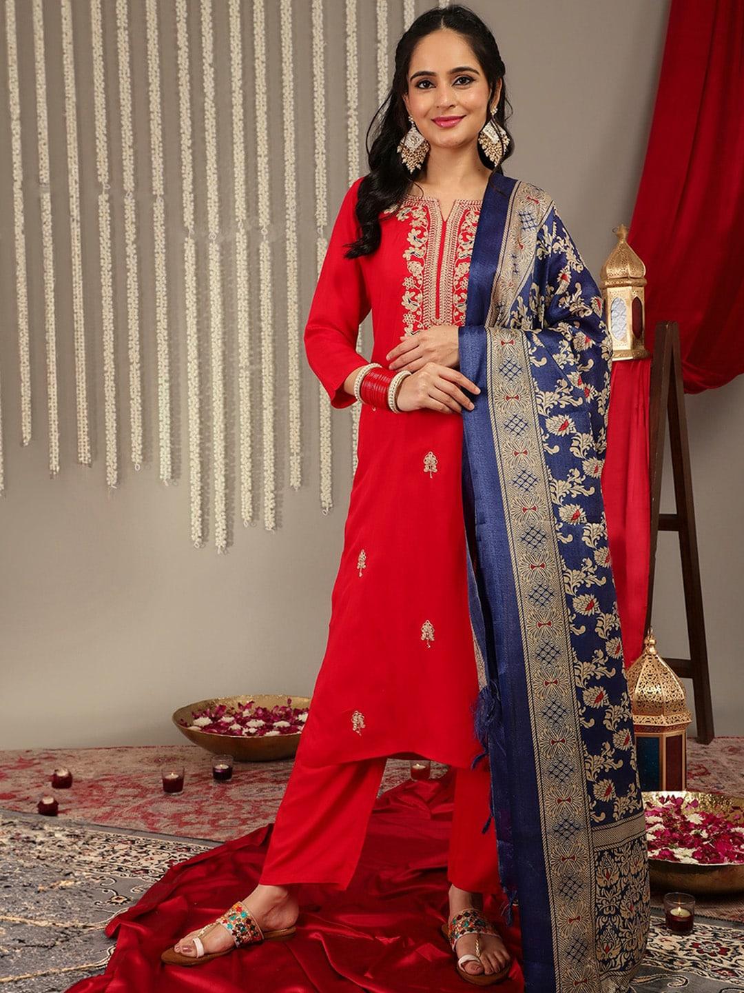 varanga-women-red-ethnic-motifs-embroidered-regular-kurta-with-trousers-&-with-dupatta