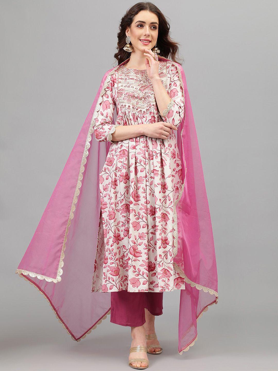 Khushal K Floral Printed Thread Work Kurta & Trousers With Dupatta