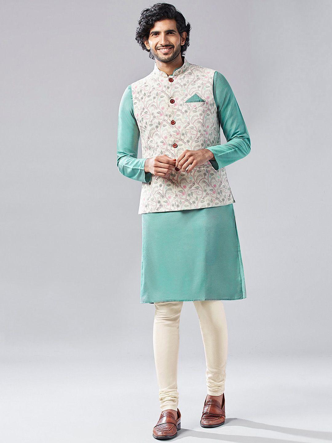 KISAH Mandarin Collar Regular Pure Cotton Kurta with Churidar & Nehru jacket