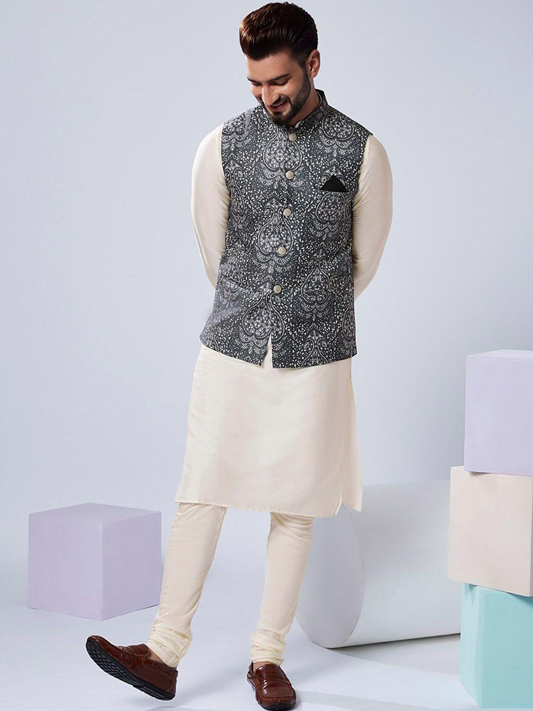 KISAH Mandarin Collar Straight Kurta With Churidar & Nehru Jacket