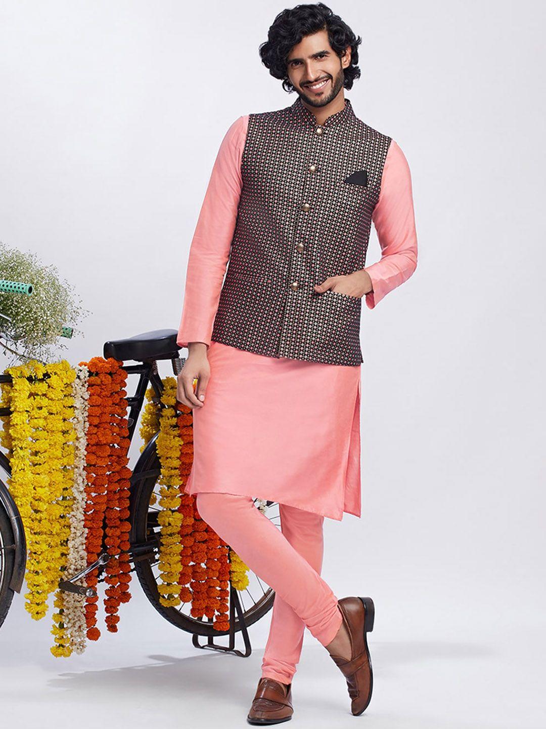 KISAH Mandarin Collar Pure Cotton Kurta With Churidar & Printed Nehru Jacket