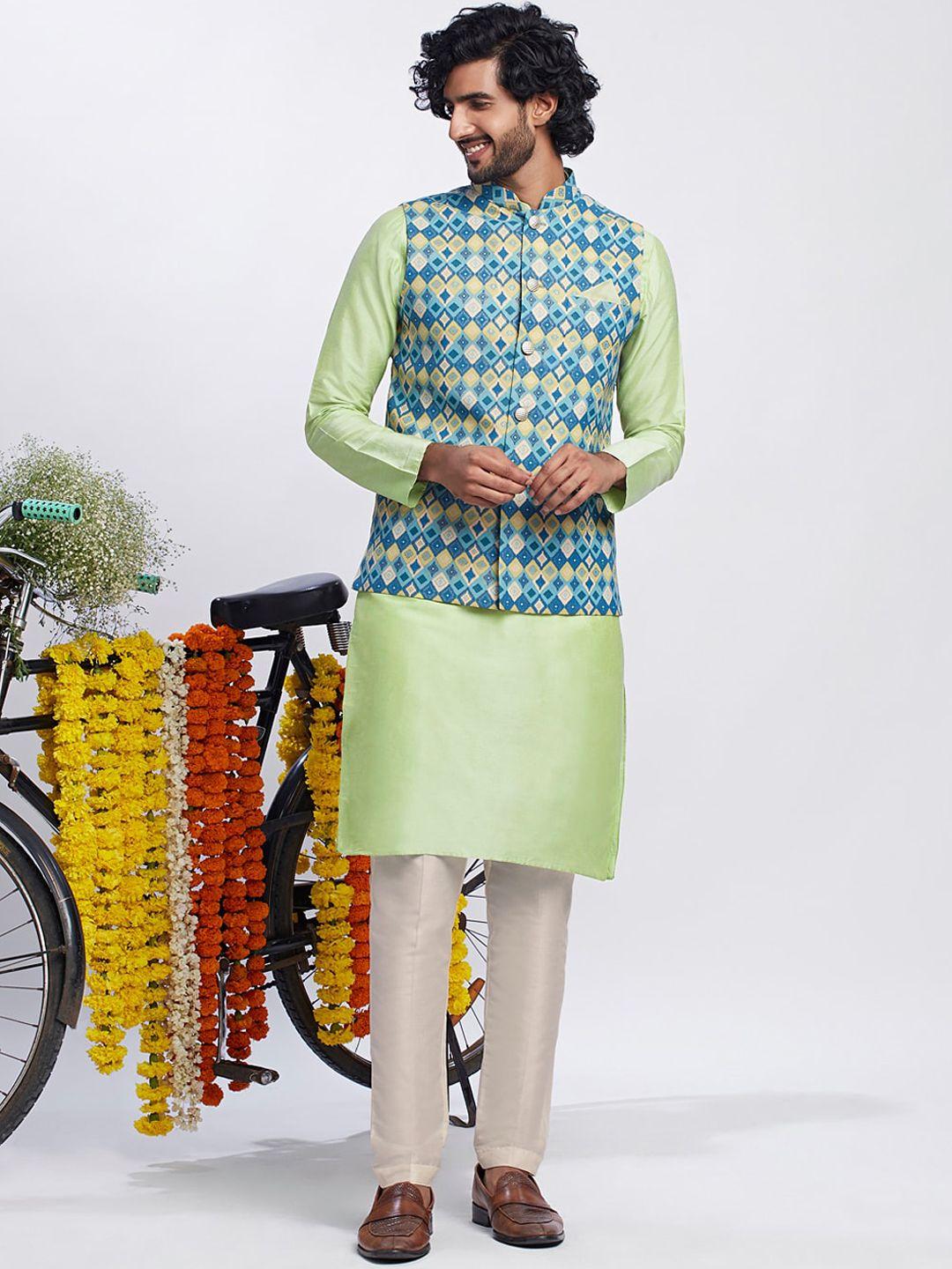 KISAH Mandarin Collar Kurta With Trousers & Printed Nehru Jacket