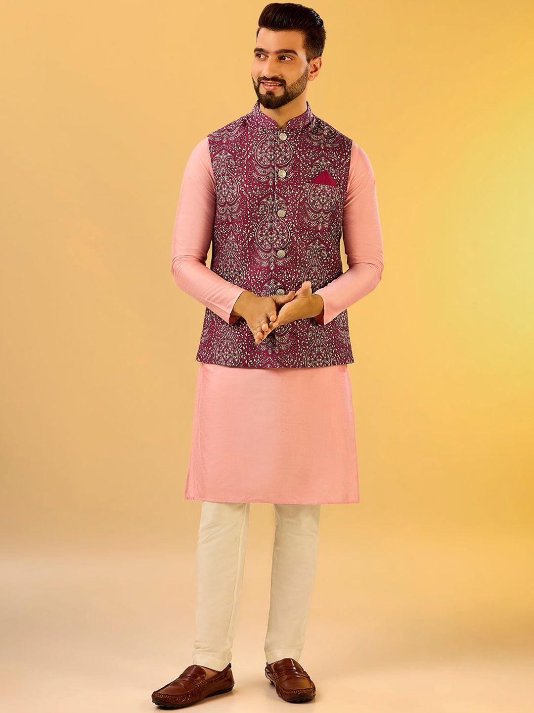 KISAH Mandarin Collar Kurta With Trousers & Printed Nehru Jacket