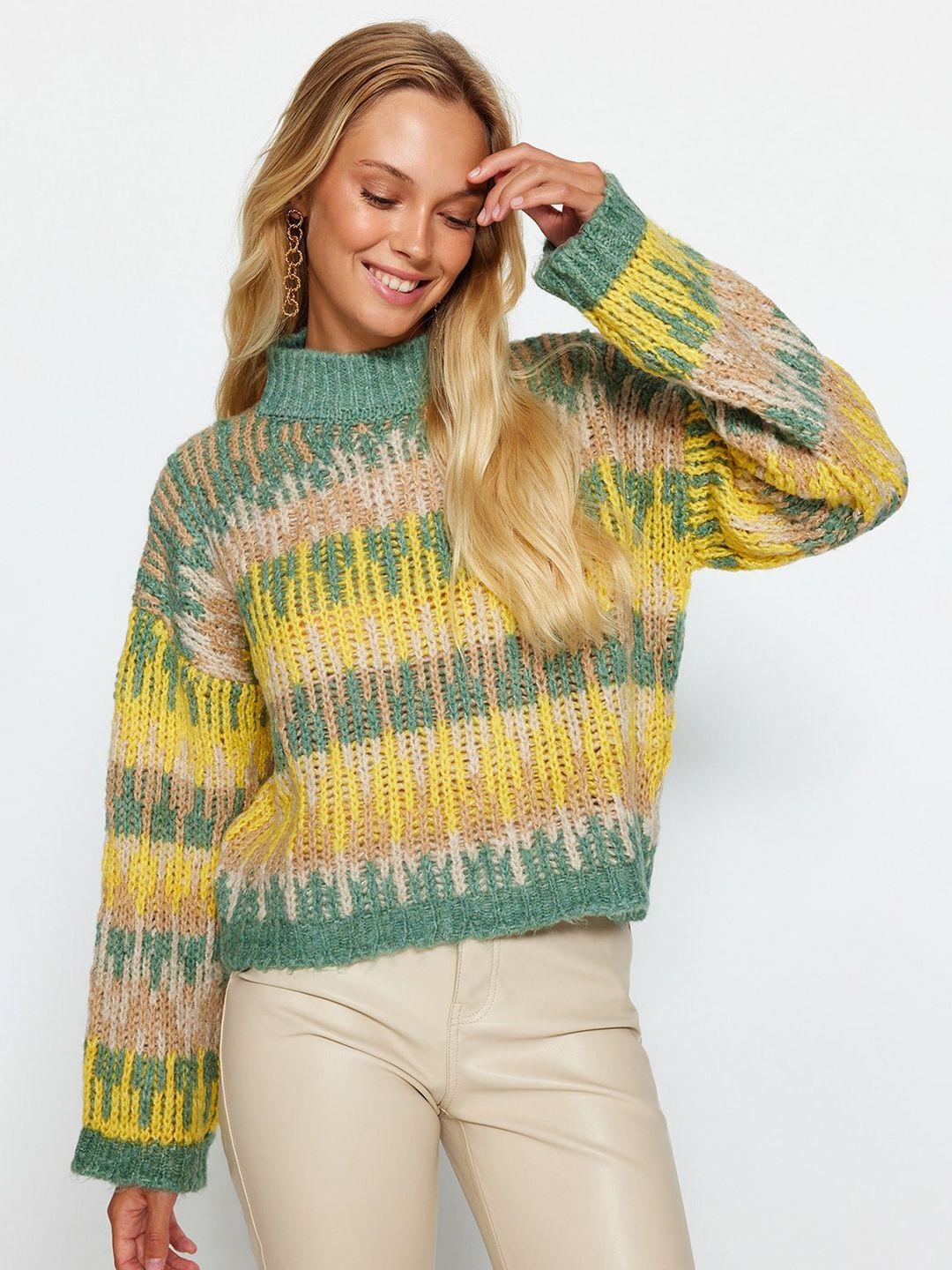 Trendyol Women Green & Yellow Cable Knit Pullover