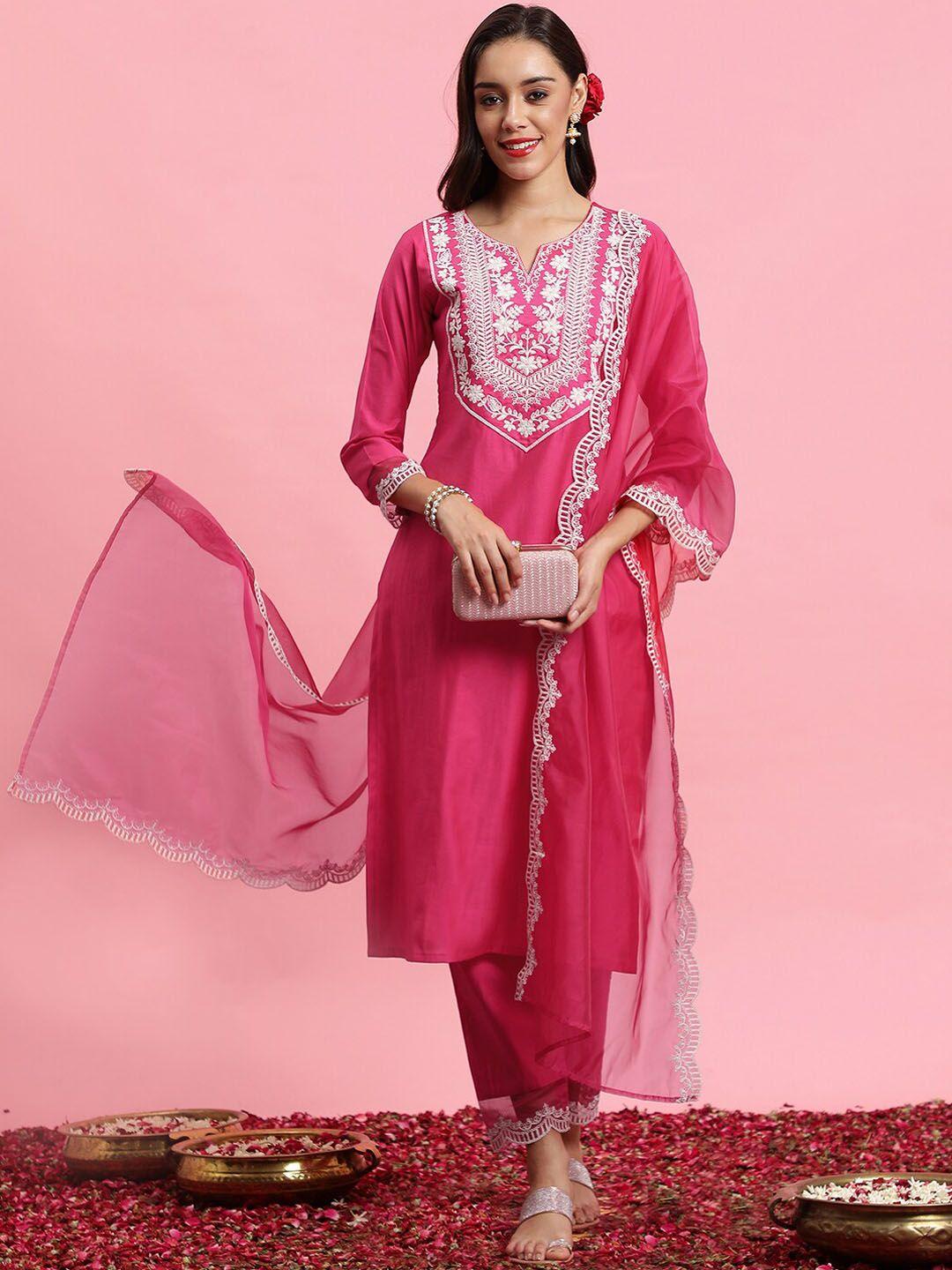 Indo Era Floral Embroidered Yoke Design Kurta With Trousers & Dupatta