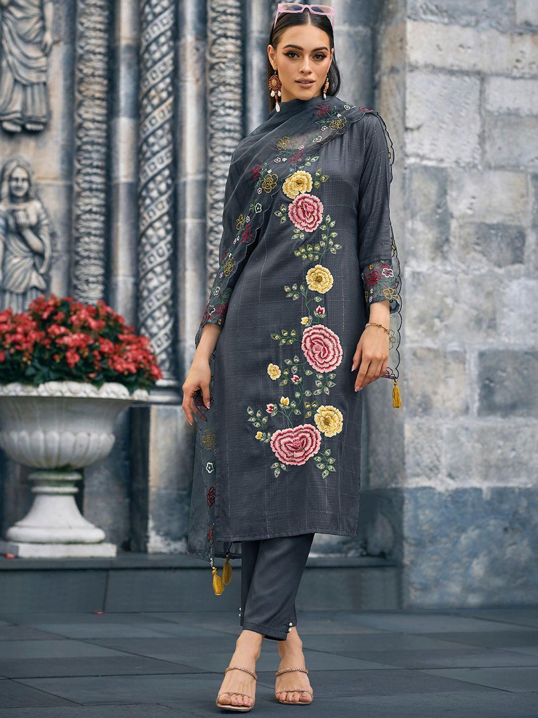 Indo Era Floral Embroidered Thread Work Kurta & Trousers With Dupatta