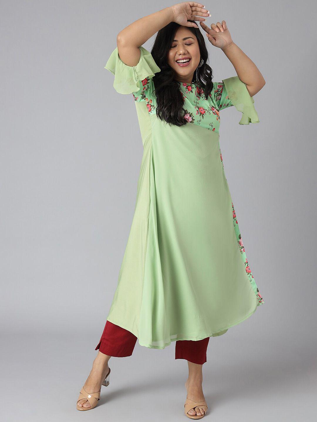 XL LOVE by Janasya Plus Size Floral Yoke Design Bell Sleeves A-Line Kurta