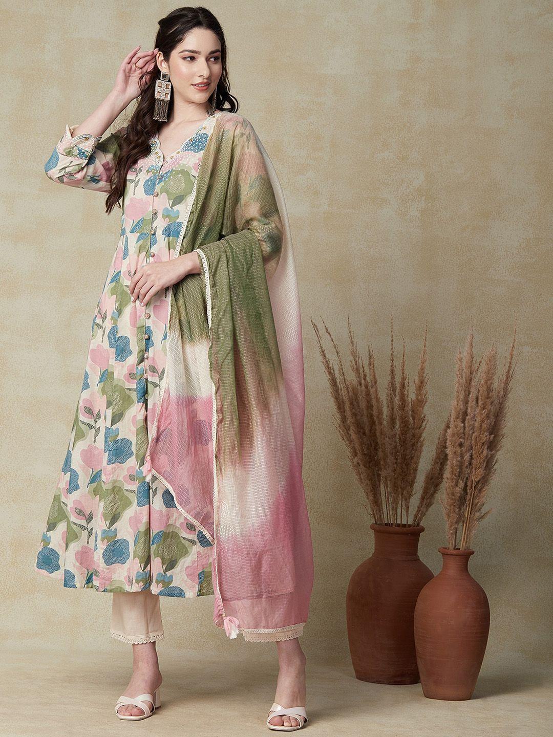 FASHOR Cream-Coloured Floral Printed Pure Cotton Anarkali Kurta & Trousers With Dupatta