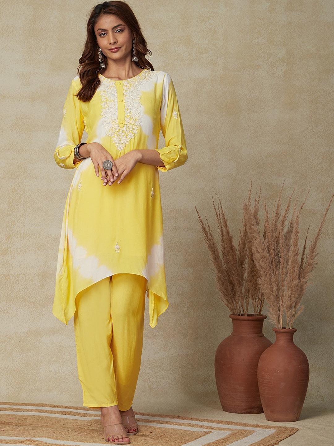 FASHOR Dyed Beads and Stones Kurta with Trousers