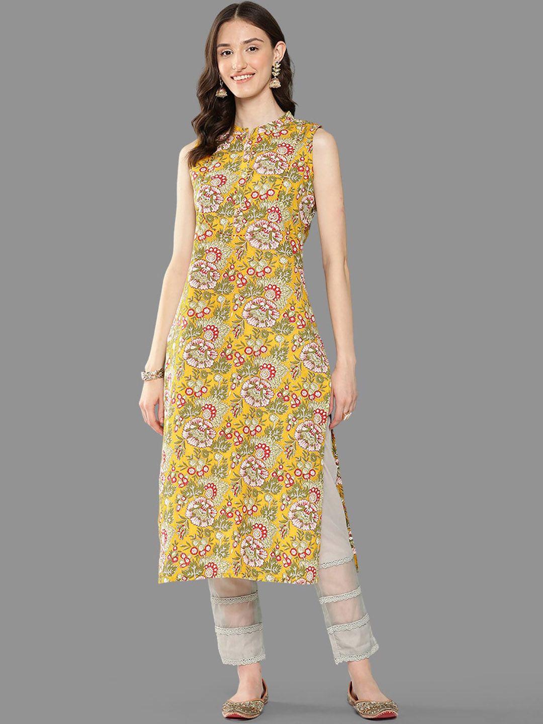 janasya-floral-printed-mandarin-collar-sleeveless-pure-cotton-straight-kurta