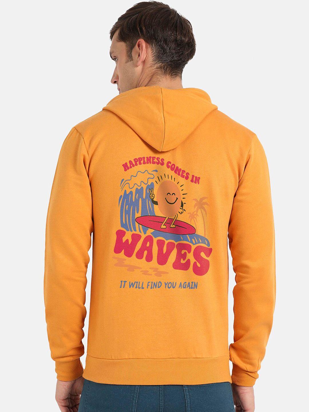 campus-sutra-yellow-graphic-printed-hooded-cotton-pullover