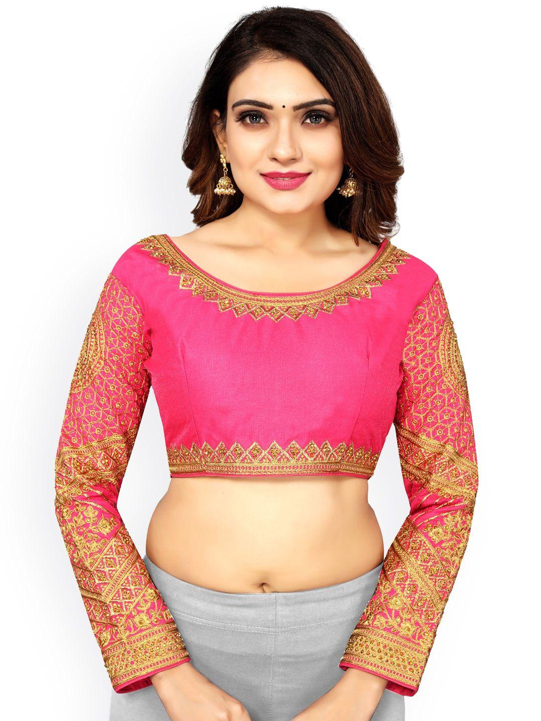 SCUBE DESIGNS Embroidered Round Neck Long Sleeve Beads & Stones Silk Saree Blouse