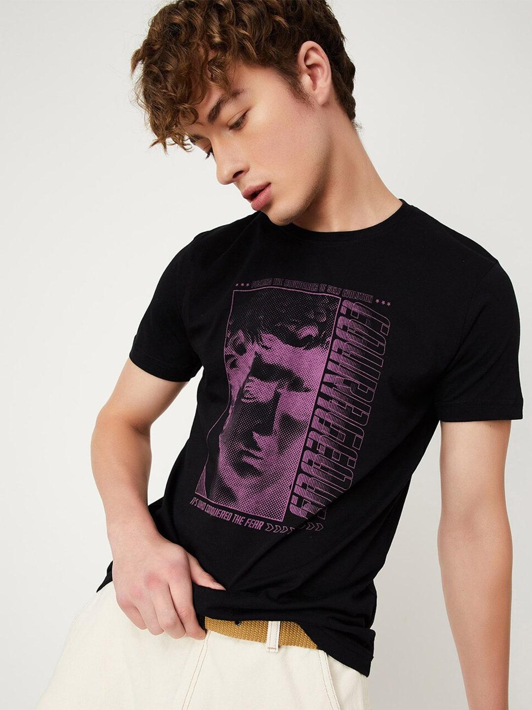 max Men Black Typography Printed Applique T-shirt