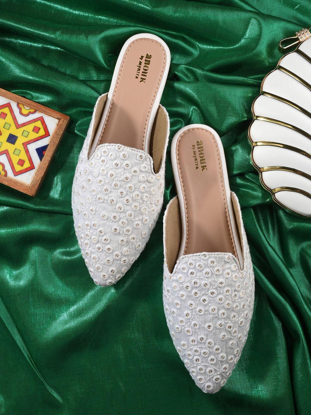Anouk White & Gold-Toned Embroidered Pointed Toe Mules