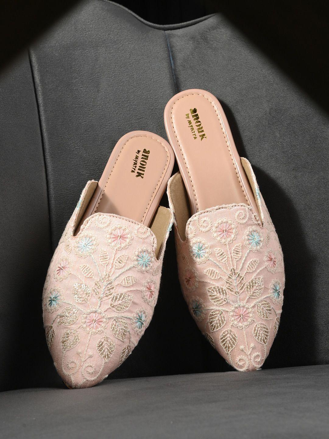 Anouk Peach-Coloured Ethnic Embroidered Pointed Toe Mules