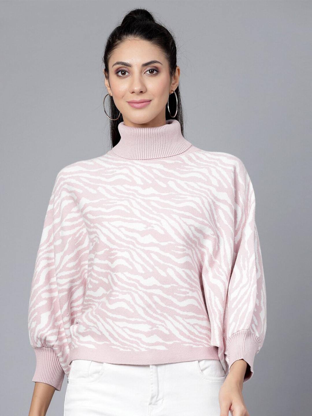 mafadeny-women-peach-coloured-&-white-animal-printed-pullover