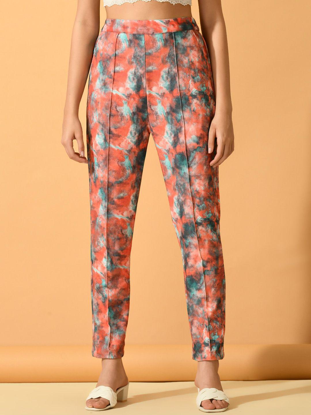 dressberry-women-orange-abstract-printed-comfort-slim-fit-wrinkle-free-cigarette-trouser