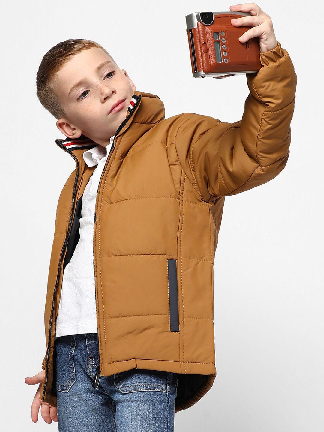 Instafab Boys Brown Striped Windcheater Crop Outdoor Padded Jacket