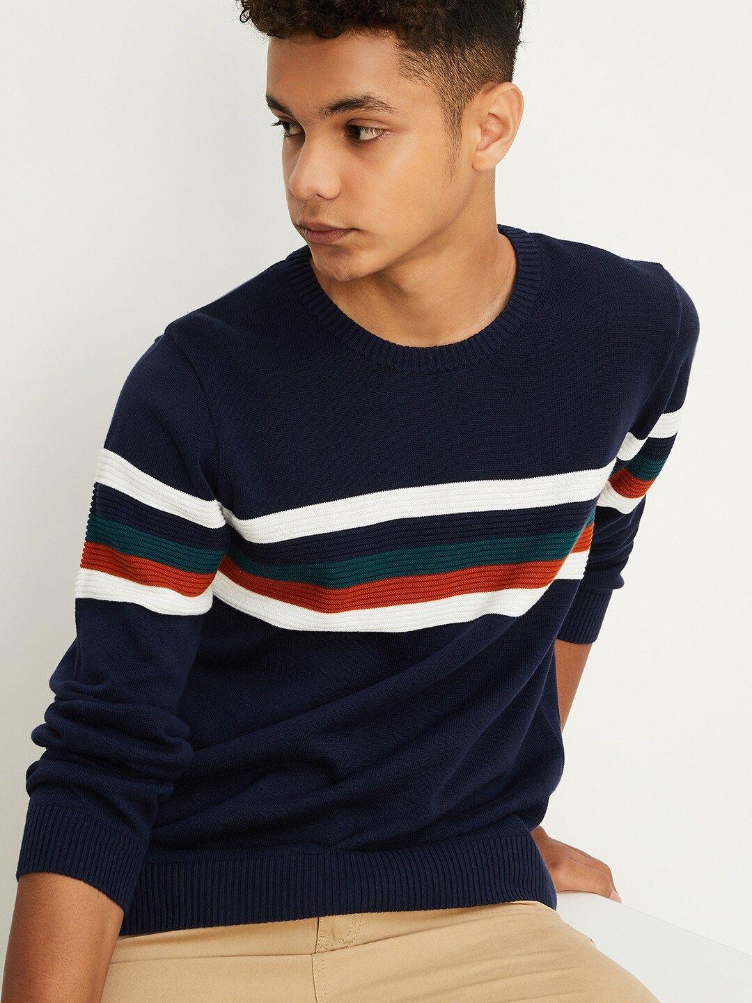 max Boys Navy Blue & White Striped Pullover