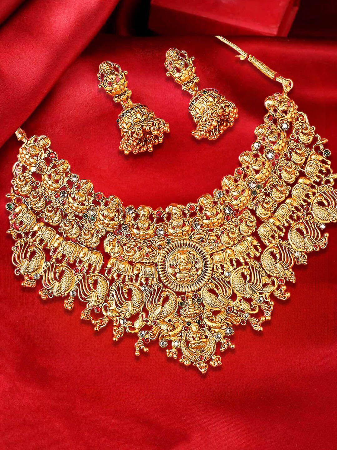 OOMPH  Gold-Plated Stone-Studded Goddess Laxmi Choker Jewellery Set