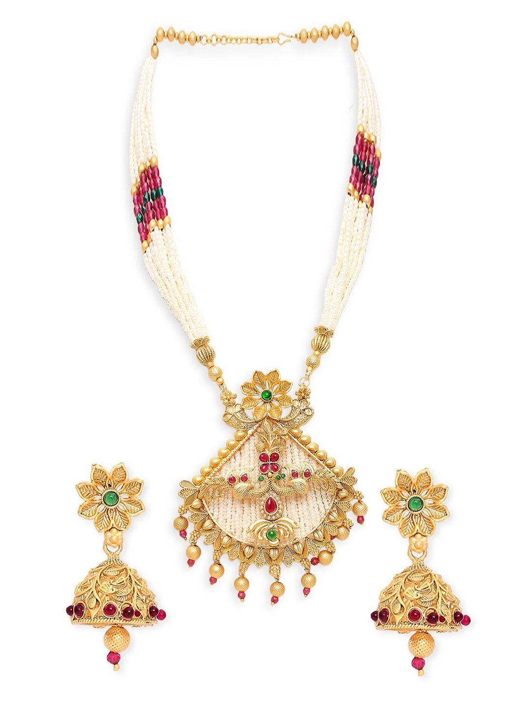 OOMPH Gold-Plated Stone Studded & Beaded Temple Motif Long Mala Jewellery Set