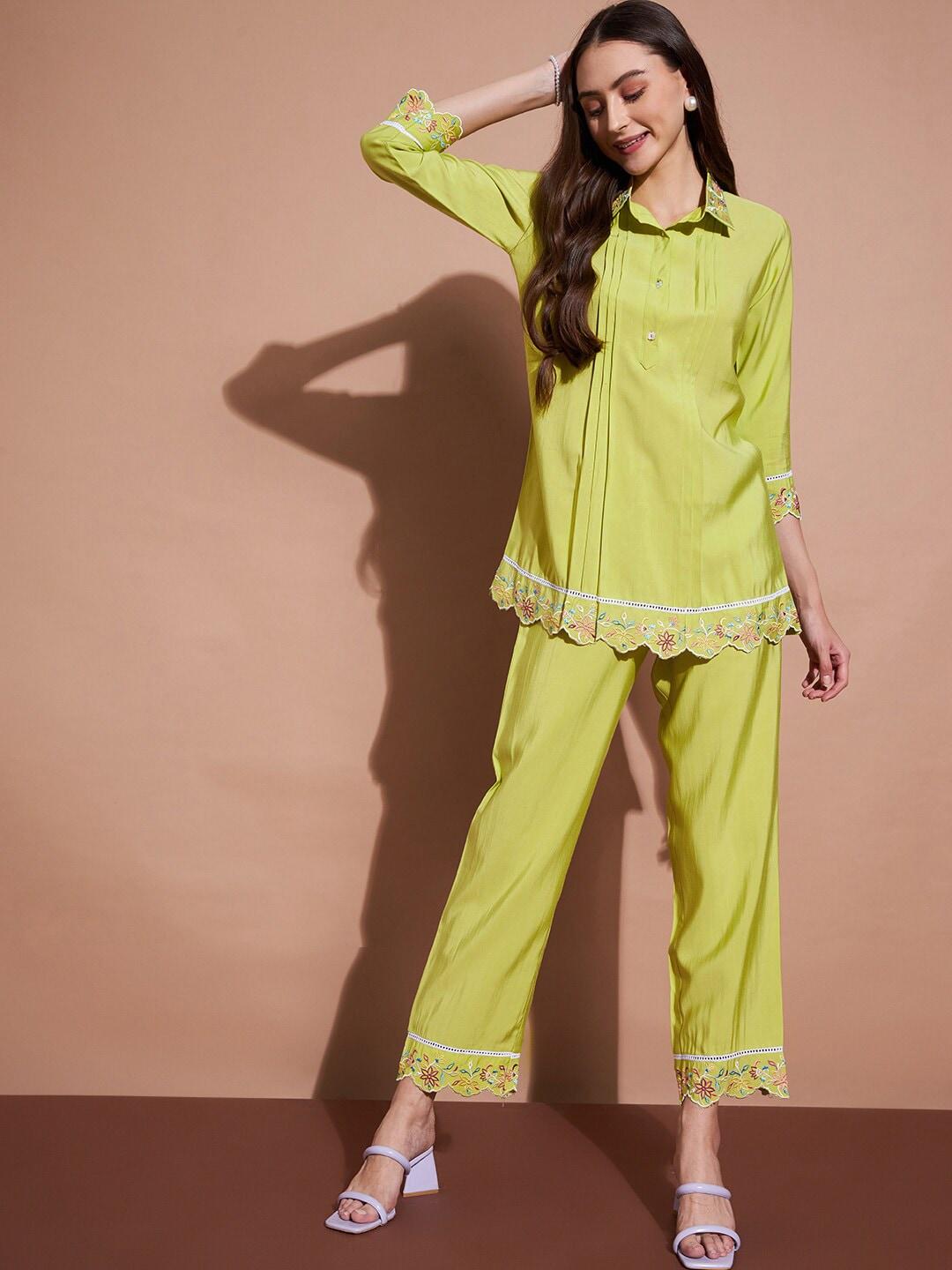 DressBerry Green Embroidered Shirt-Collar Shirt With Trouser Co-Ords