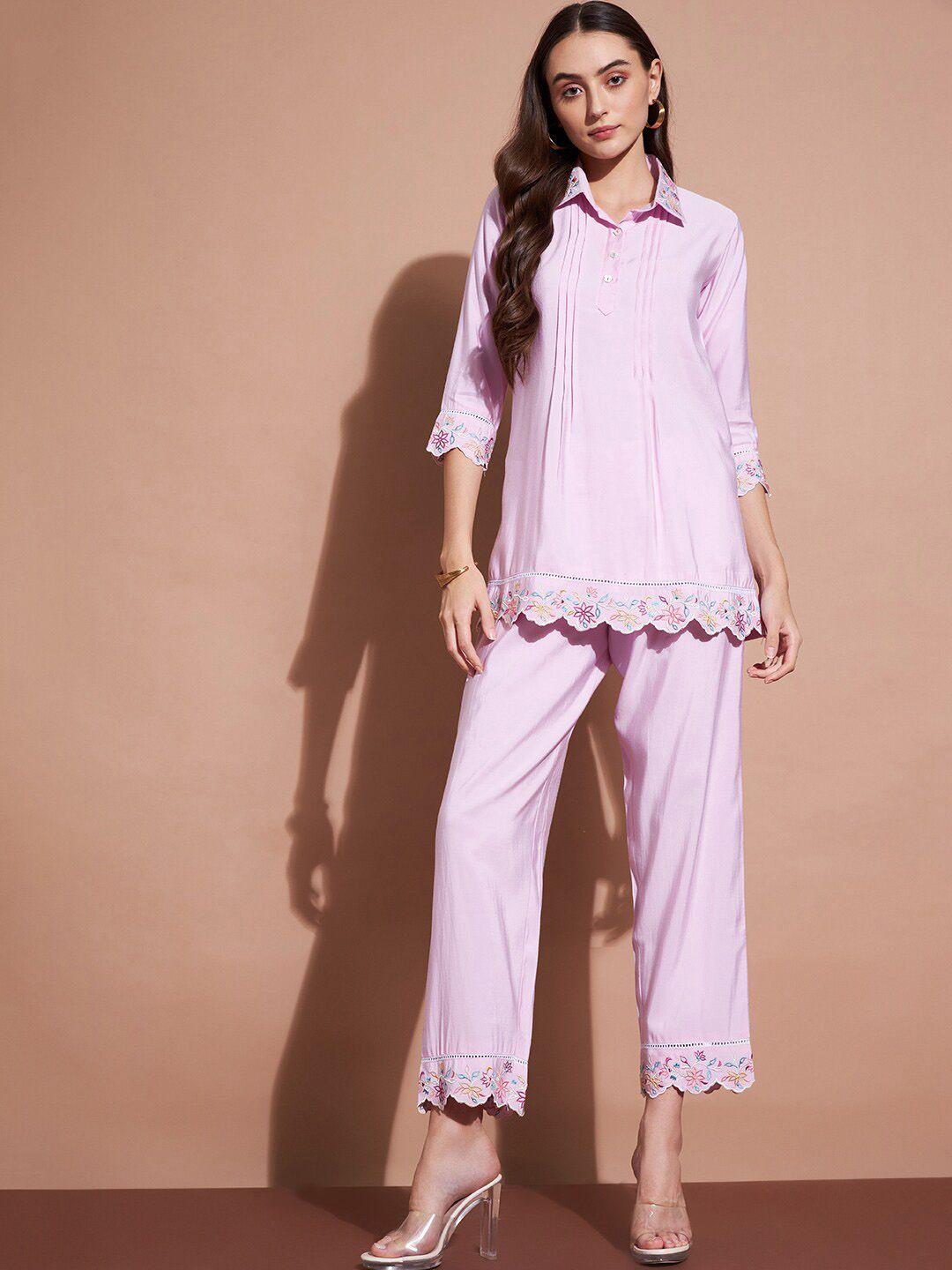 DressBerry Lavender Embroidered Shirt-Collar Shirt With Trouser Co-Ords