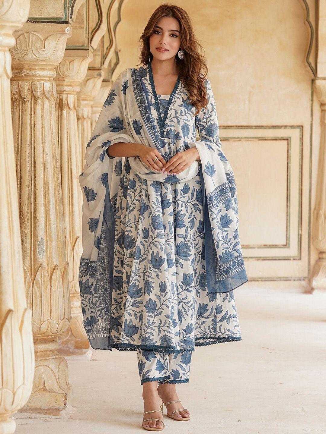 KALINI Women Blue Floral Printed Empire Pure Cotton Kurta with Trousers & With Dupatta
