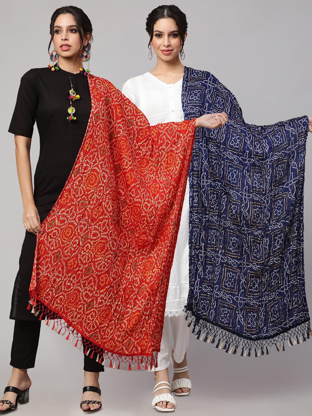 Nayo Blue & Red Printed Art Silk Bandhani Dupatta