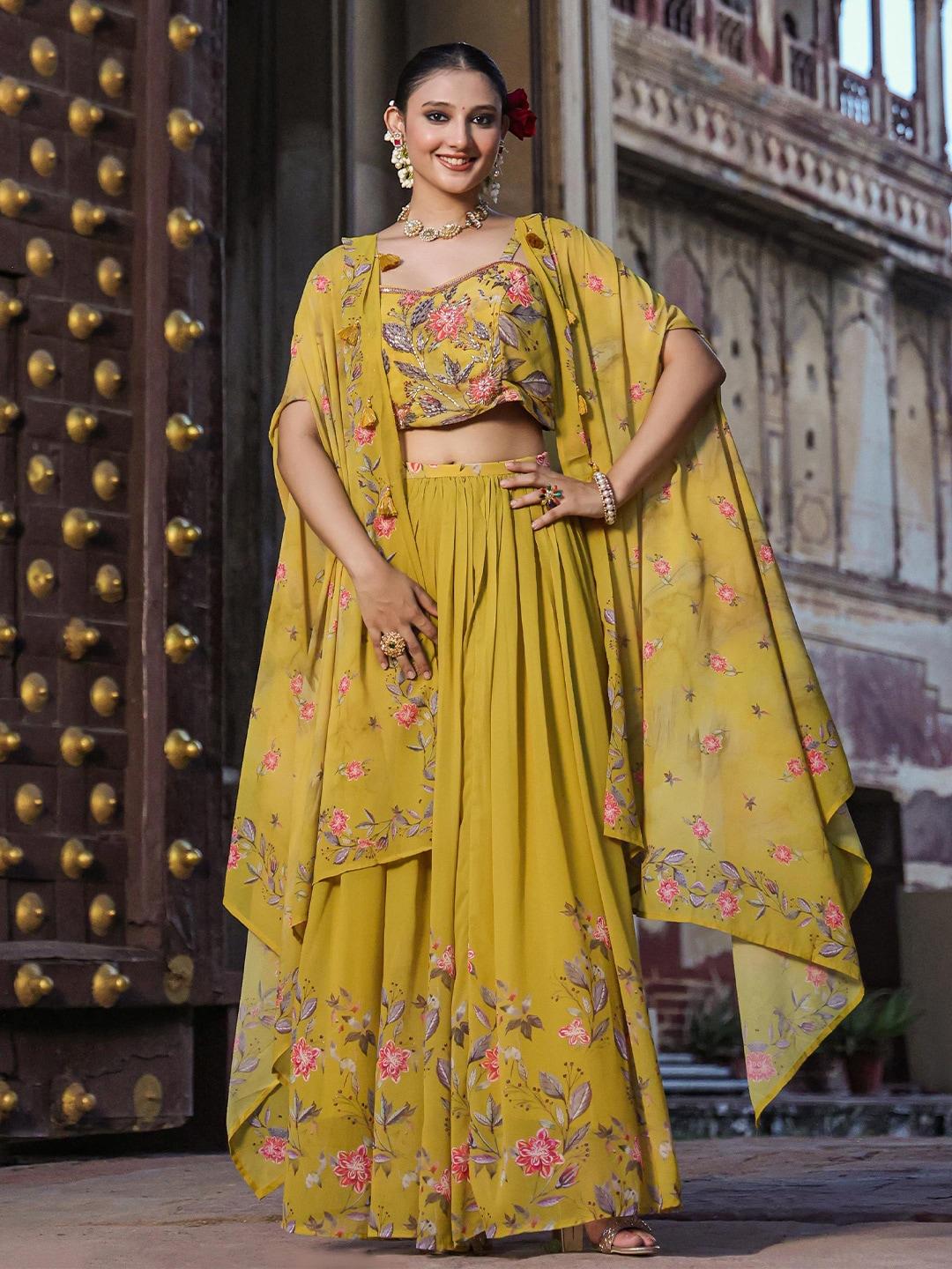 SCAKHI Mustard & Pink Embroidered Beads and Stones Ready to Wear Lehenga &