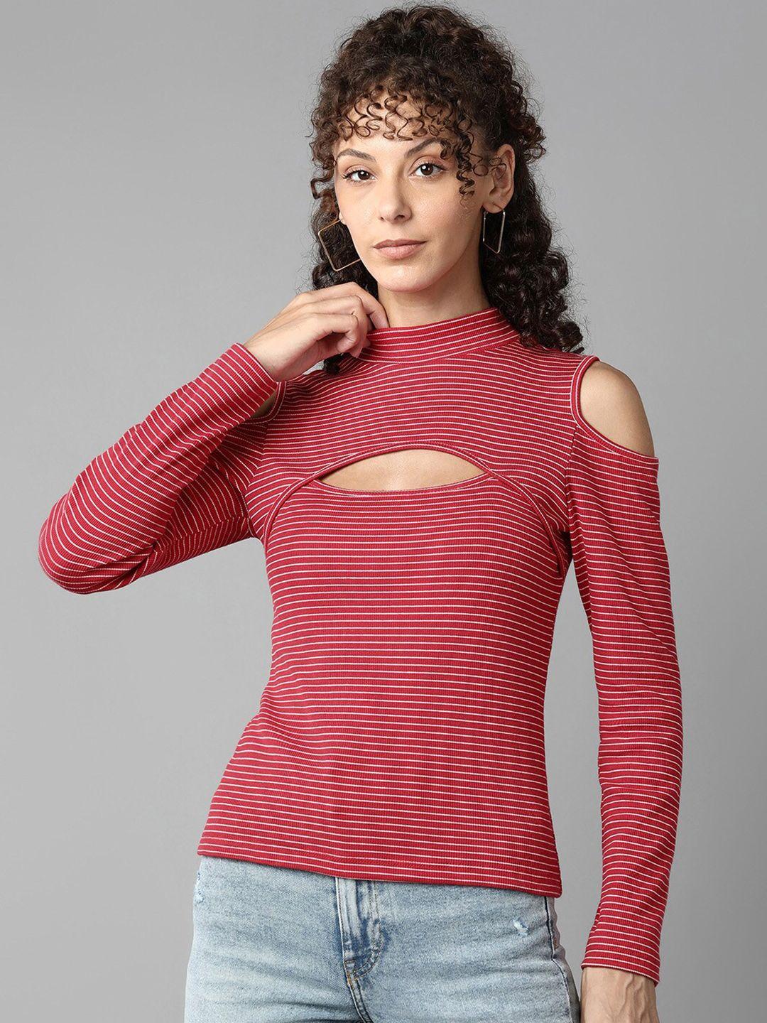Roadster Red Striped Cut Out Detail Cold Shoulders Fitted Top