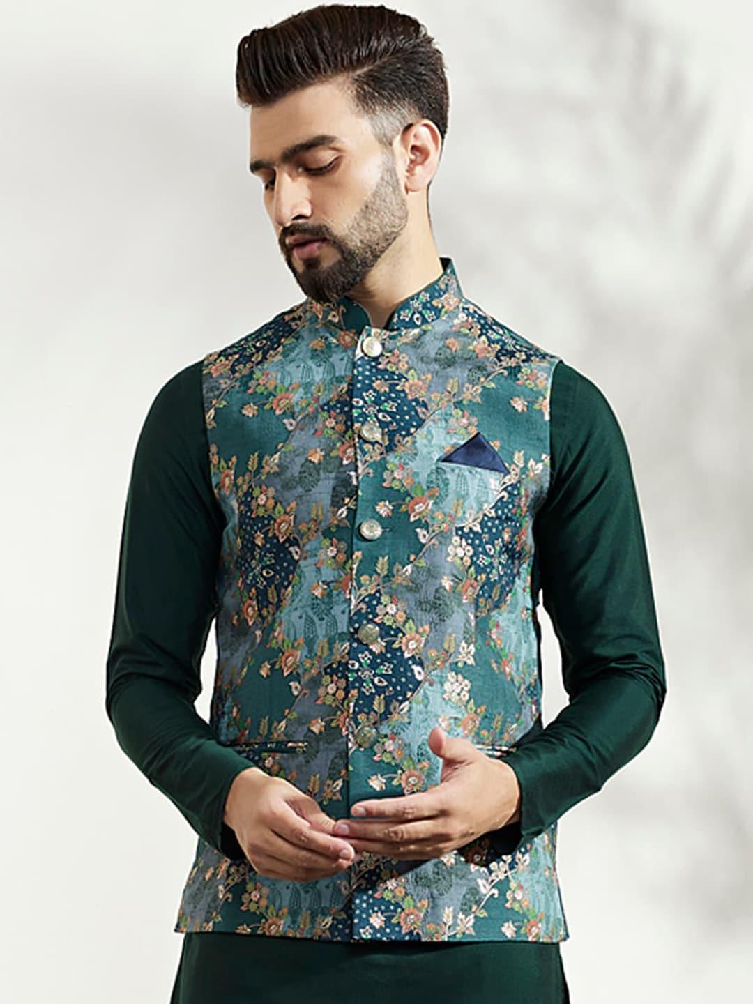 KISAH Floral Woven Design Nehru Jacket