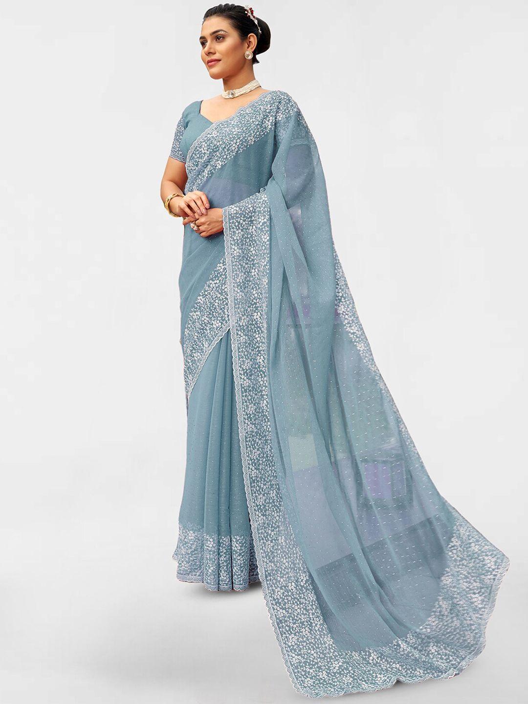 satrani-turquoise-blue-&-white-embellished-beads-and-stones-poly-chiffon-saree