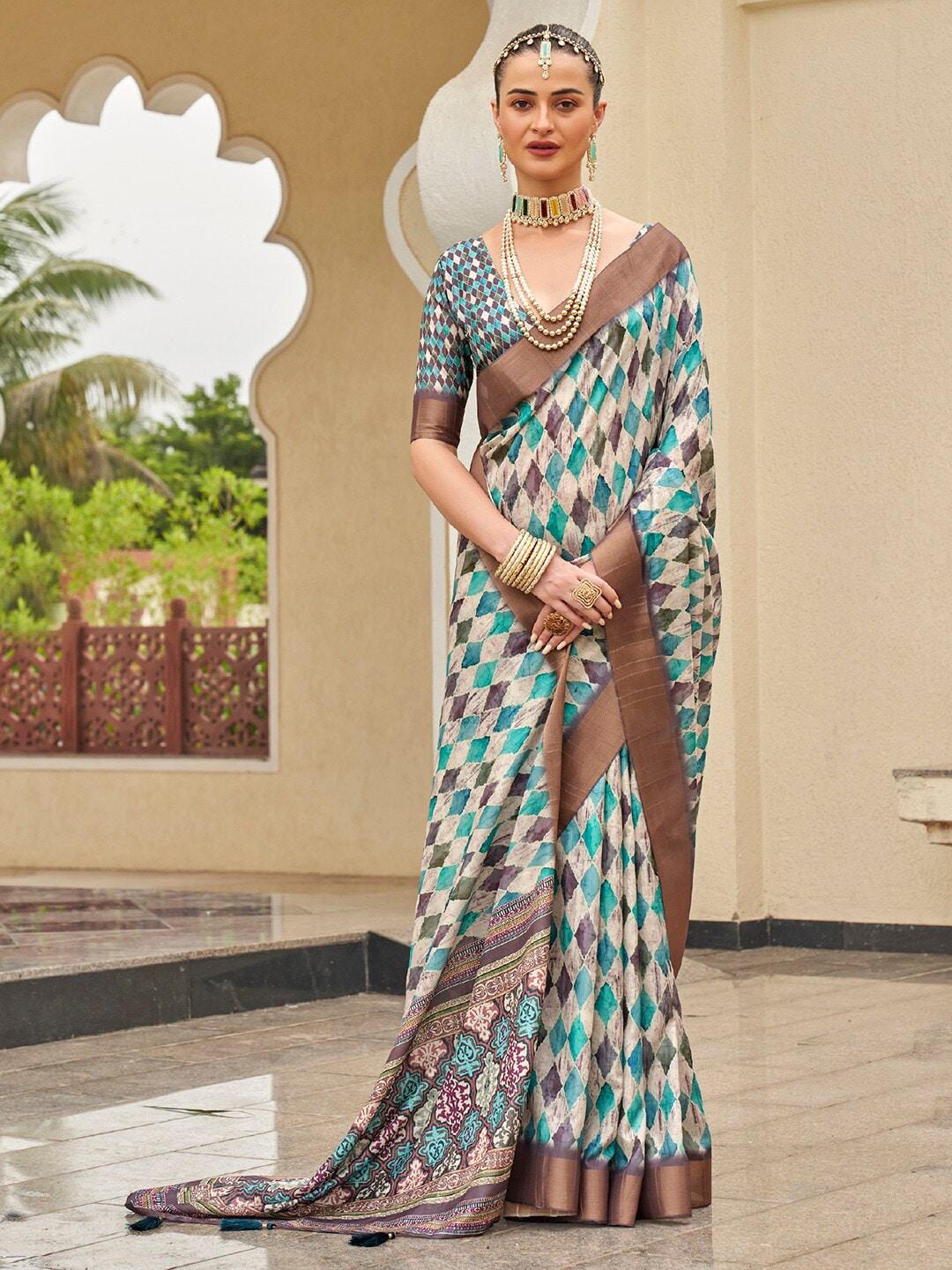 saree-mall-cream-coloured-&-teal-zari-silk-blend-sungudi-sarees