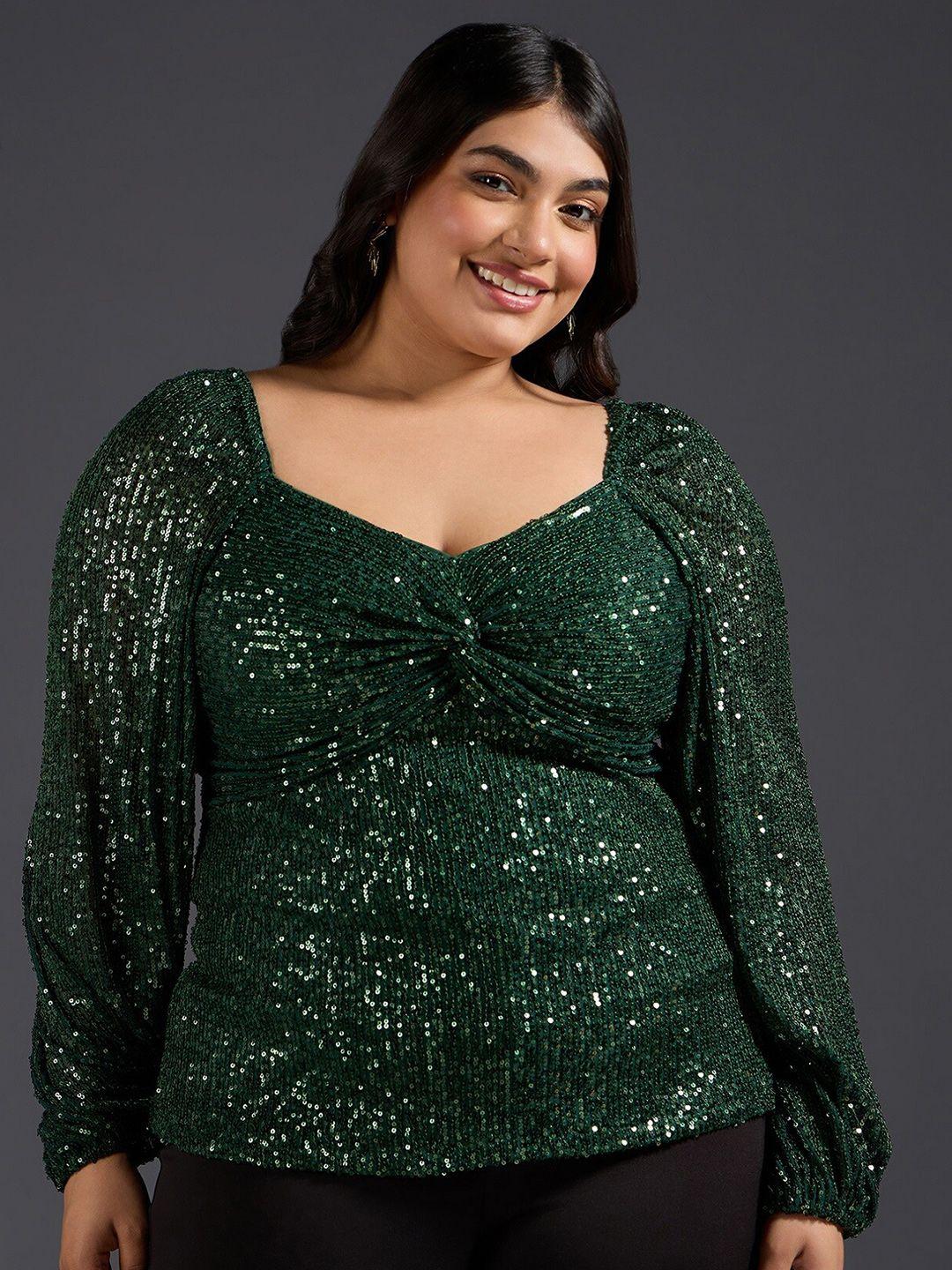 20dresses-plus-size-green-embellished-sweetheart-neck-twisted-puff-sleeve-empire-top