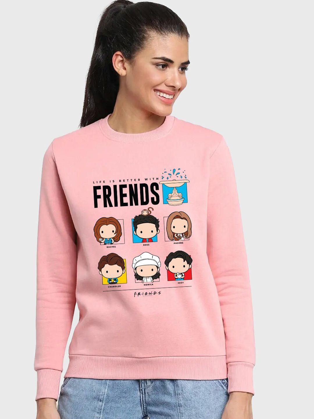 Bewakoof Pink Friends Printed Round Neck Long Sleeves Fleece Pullover Sweatshirt