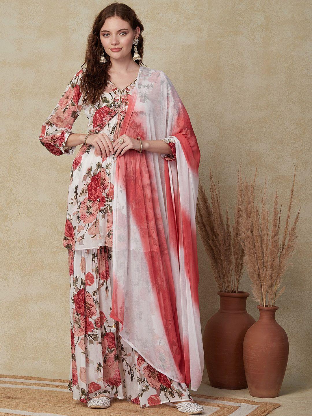 FASHOR Women White Floral Printed Empire Beads and Stones Kurta with Sharara & With Dupatta
