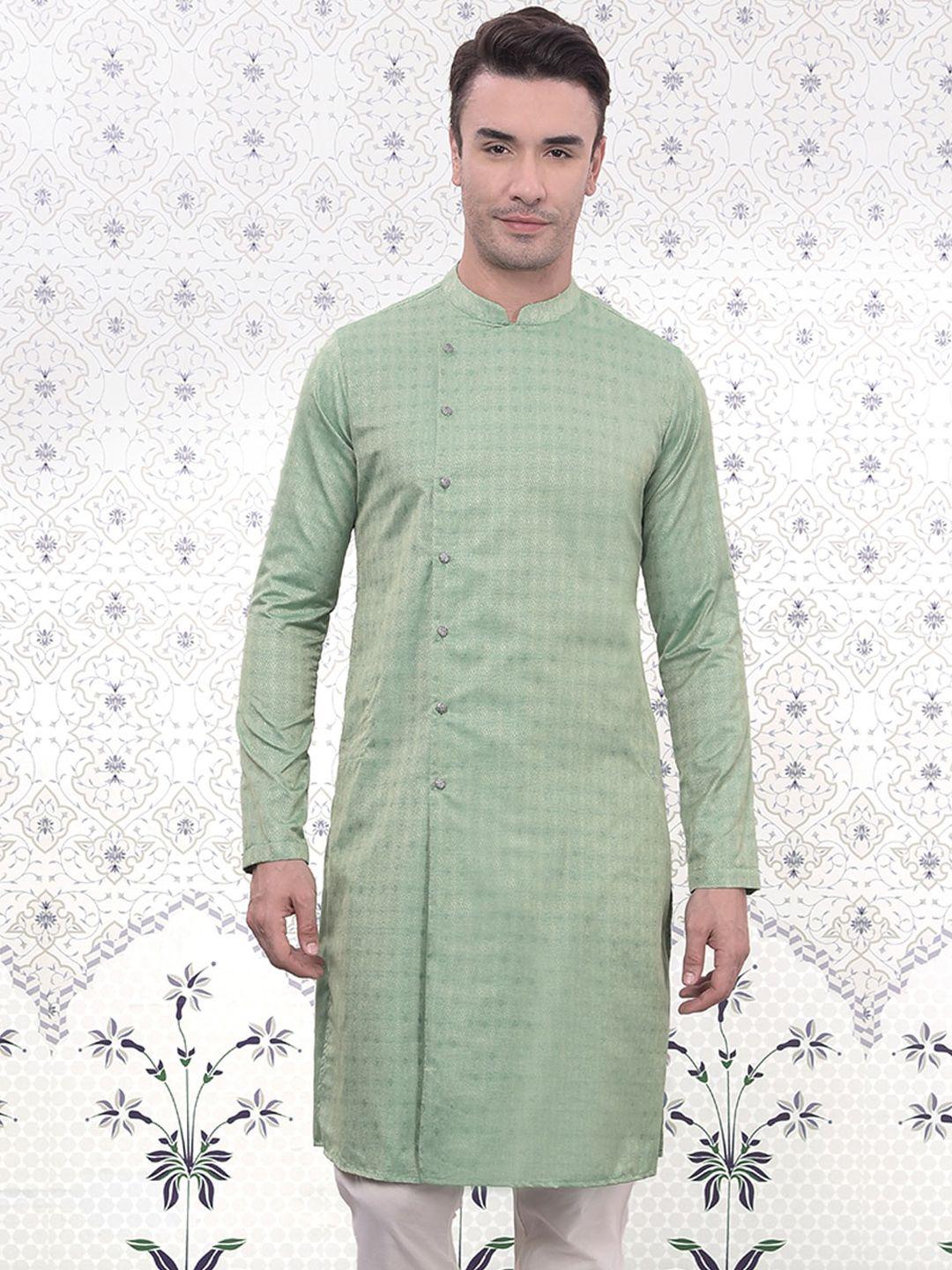 Ode by House of Pataudi Men Green Checked Cold-Shoulder Sleeves Thread Work Jacquard Kurta