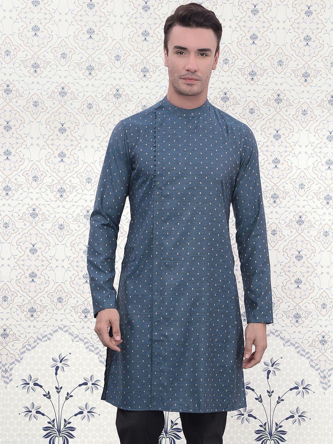 Ode by House of Pataudi Men Blue Geometric Flared Sleeves Thread Work Jacquard Anarkali Kurta