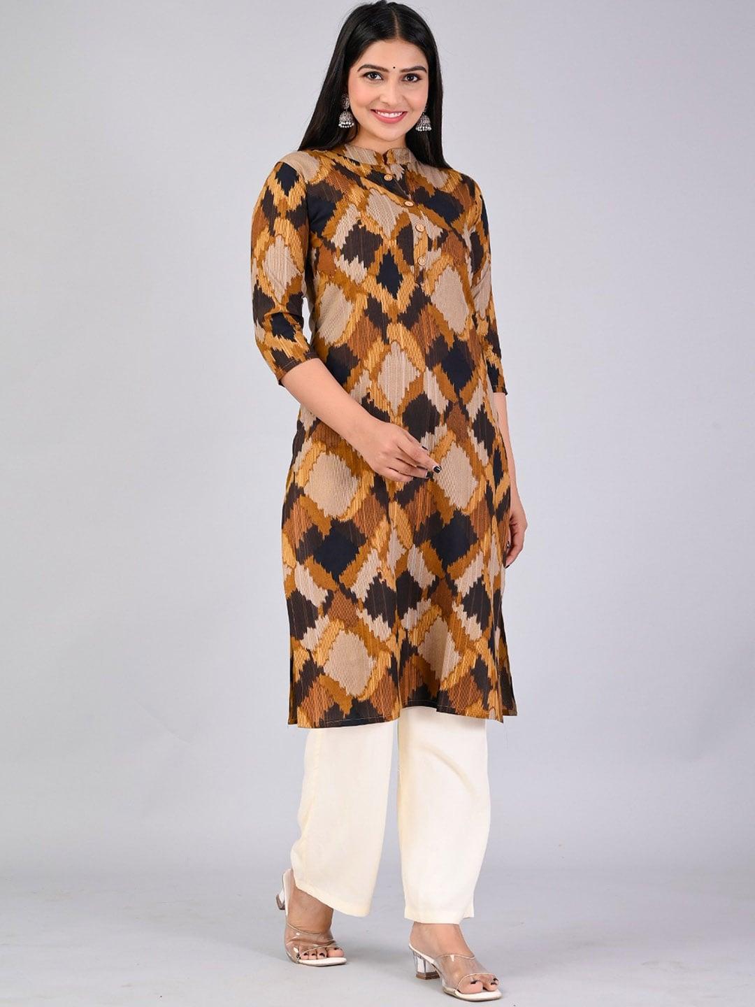 mauka-women-brown-printed-regular-kurta-with-palazzos